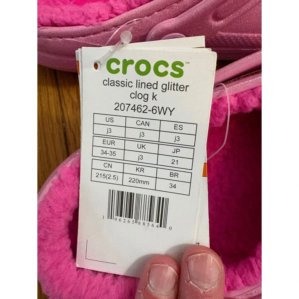 New Crocs Classic Lined Glitter Clog K Kids J3 Pink Sparkle‎ Fuzzy Warm size 3